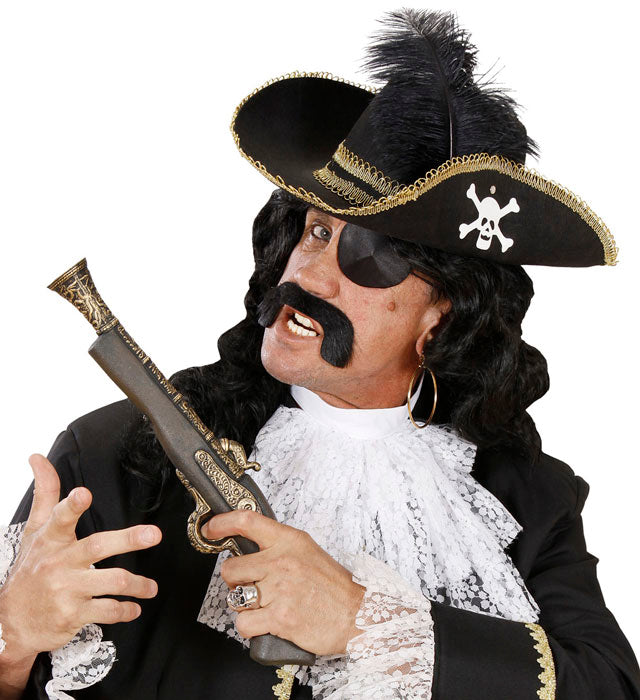 Schwarzer Piratenhut aus Filz mit weißem Schädelmotiv und Federn