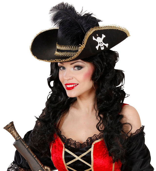 Schwarzer Piratenhut aus Filz mit weißem Schädelmotiv und Federn