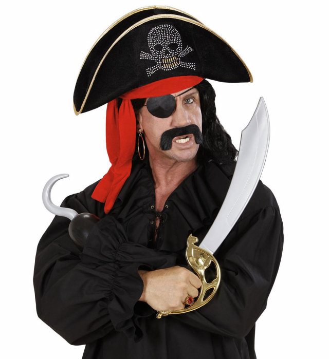 Piratenhut aus Samt mit Nieten, Schädel-Emblem und rotem Bandana