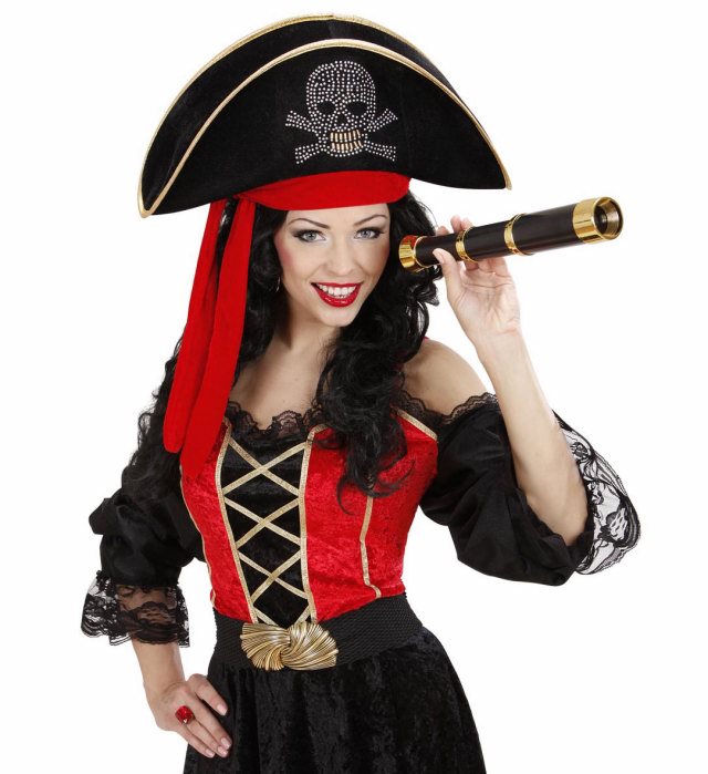 Piratenhut aus Samt mit Nieten, Schädel-Emblem und rotem Bandana