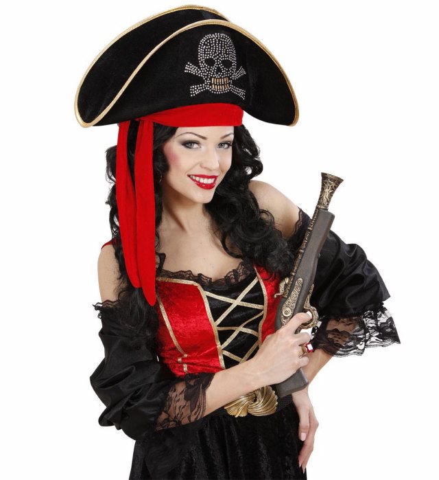 Piratenhut aus Samt mit Nieten, Schädel-Emblem und rotem Bandana