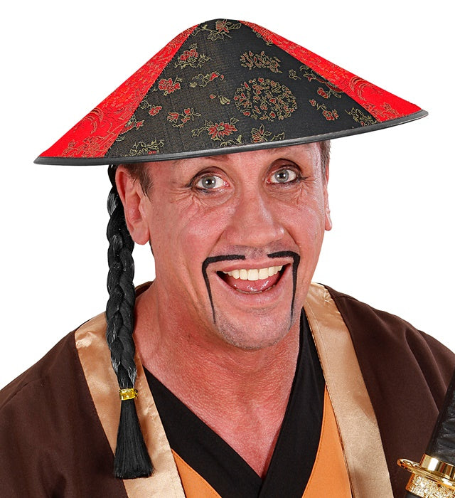 Chinesischer Satin-Hut mit Zopf als Fasnacht- und Karnevalskostümzubehör