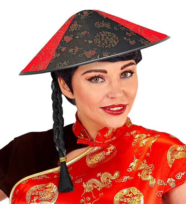 Chinesischer Satin-Hut mit Zopf als Fasnacht- und Karnevalskostümzubehör