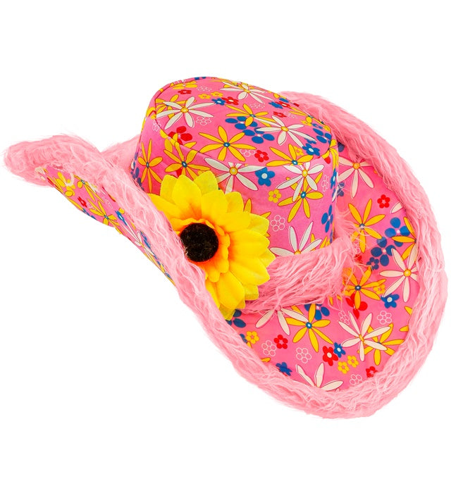Rosa Ibiza-Hut mit Plüschrand und großer gelber Sonnenblume