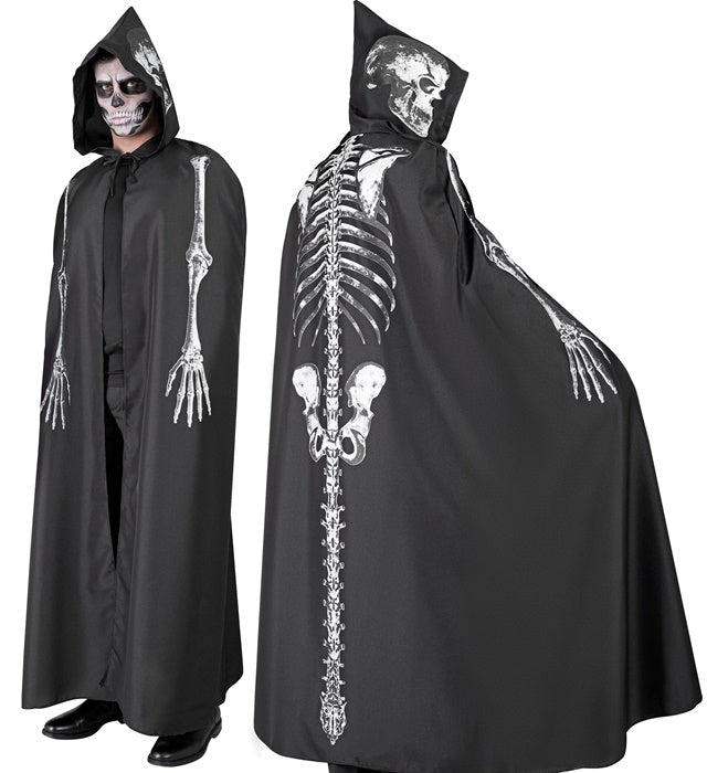 Skelett Umhang mit Kapuze 150 cm schwarz mit weißem Skelettmotiv