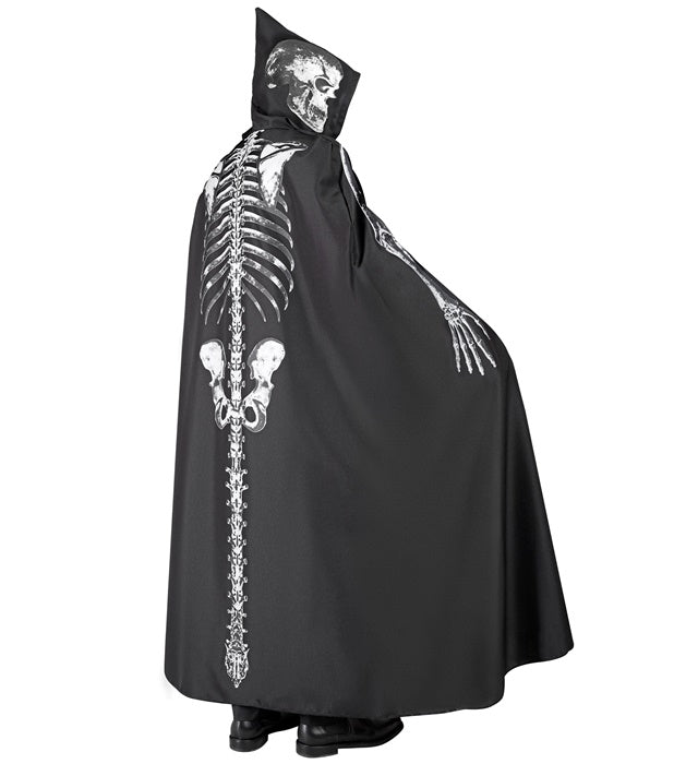 Skelett Umhang mit Kapuze 150 cm schwarz mit weißem Skelettmotiv
