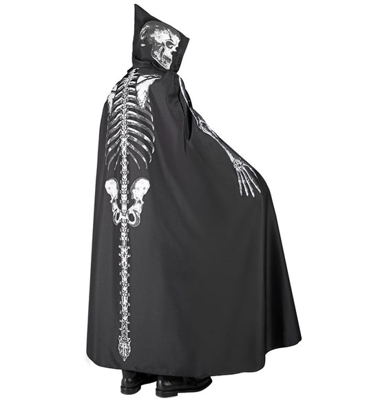 Skelett Umhang mit Kapuze 150 cm schwarz mit weißem Skelettmotiv