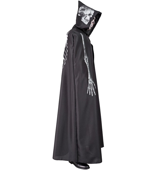 Skelett Umhang mit Kapuze 150 cm schwarz mit weißem Skelettmotiv