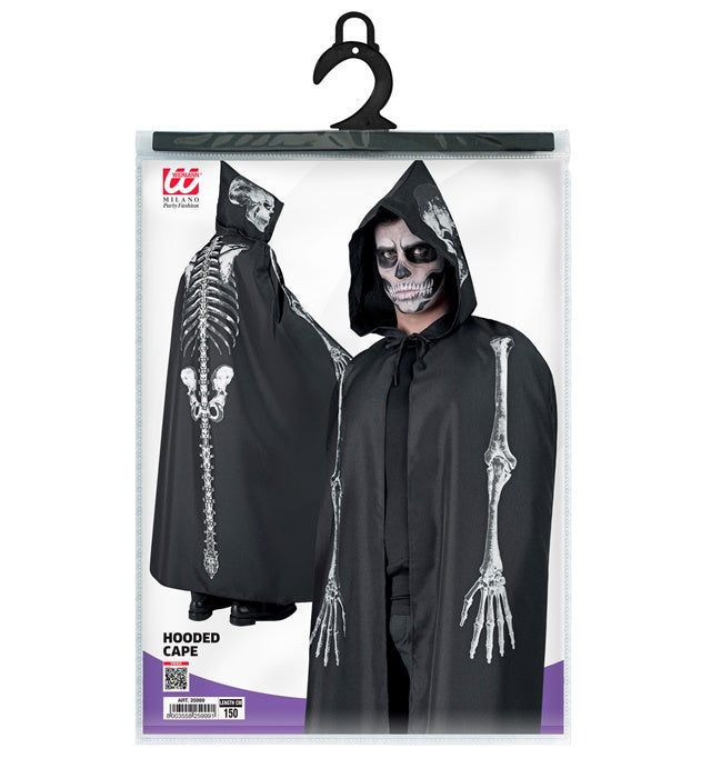 Skelett Umhang mit Kapuze 150 cm schwarz mit weißem Skelettmotiv