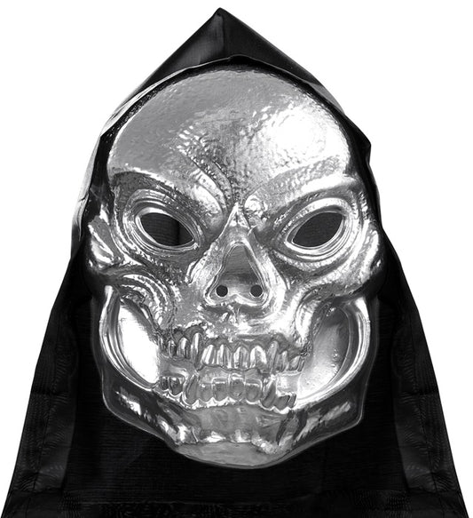 Totenkopf Maske aus Kunststoff mit metallischem Look und schwarzer Kapuze