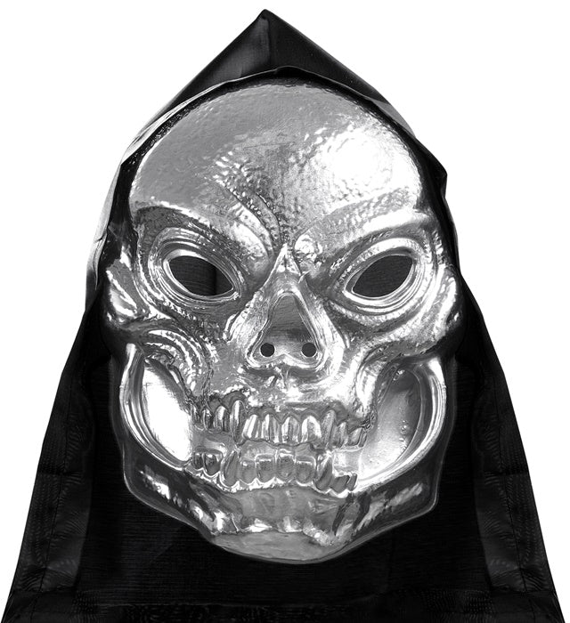 TOTANKOPF MASKE METALLISCHER LOOK AUS KUNSTSTOFF MIT KAPUZE Silber