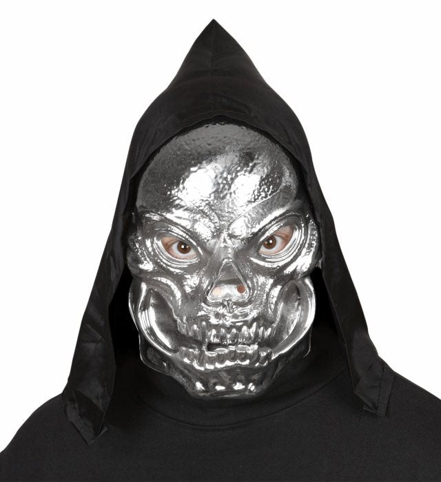 TOTANKOPF MASKE METALLISCHER LOOK AUS KUNSTSTOFF MIT KAPUZE Silber