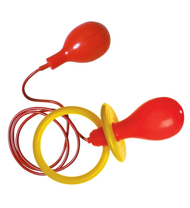 Maxischnuller Clown-Accessoire in Rot und Gelb für Fasnacht und Karneval