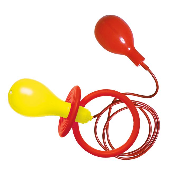 Maxischnuller Clown-Accessoire in Rot und Gelb für Fasnacht und Karneval