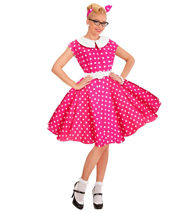 50er Jahre Rock'n'Roll Kleid in Hot Pink mit Petticoat, Gürtel und Haarband