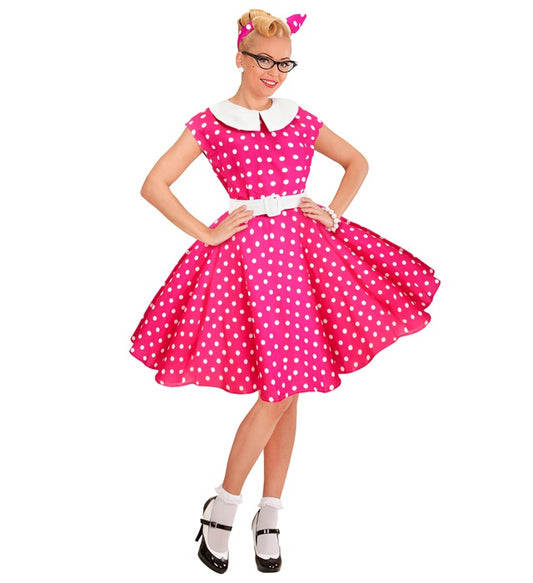 50er Jahre Rock'n'Roll Kleid in Hot Pink mit Petticoat, Gürtel und Haarband