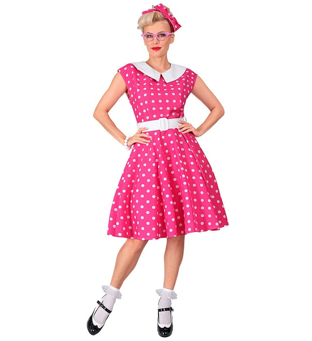 50er Jahre Rock'n'Roll Kleid in Hot Pink mit Petticoat, Gürtel und Haarband