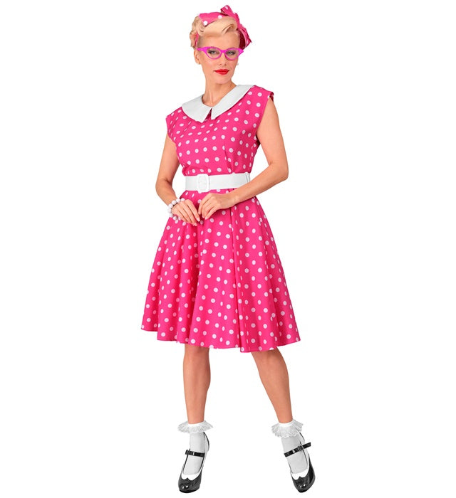 50er Jahre Rock'n'Roll Kleid in Hot Pink mit Petticoat, Gürtel und Haarband