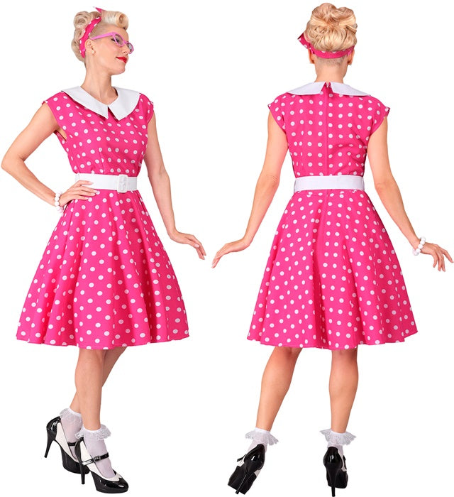 50er Jahre Rock'n'Roll Kleid in Hot Pink mit Petticoat, Gürtel und Haarband