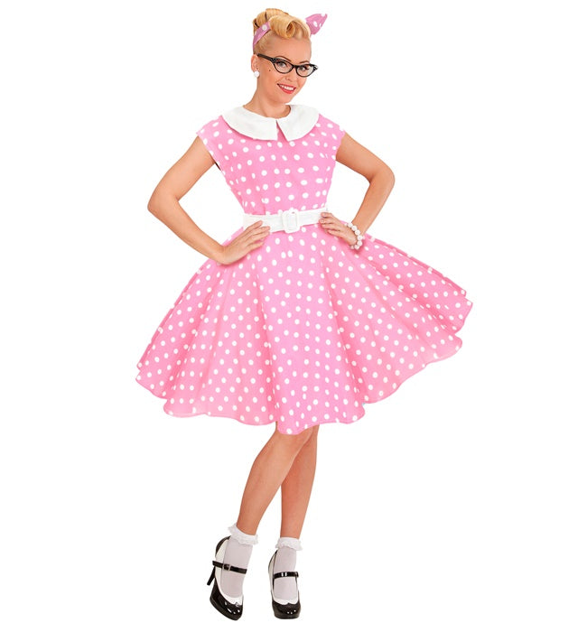 Rosa 50er Jahre Rock'n'Roll Kleid mit Petticoat, Gürtel und Haarband