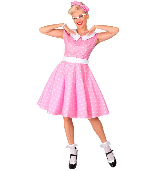 Rosa 50er Jahre Rock'n'Roll Kleid mit Petticoat, Gürtel und Haarband