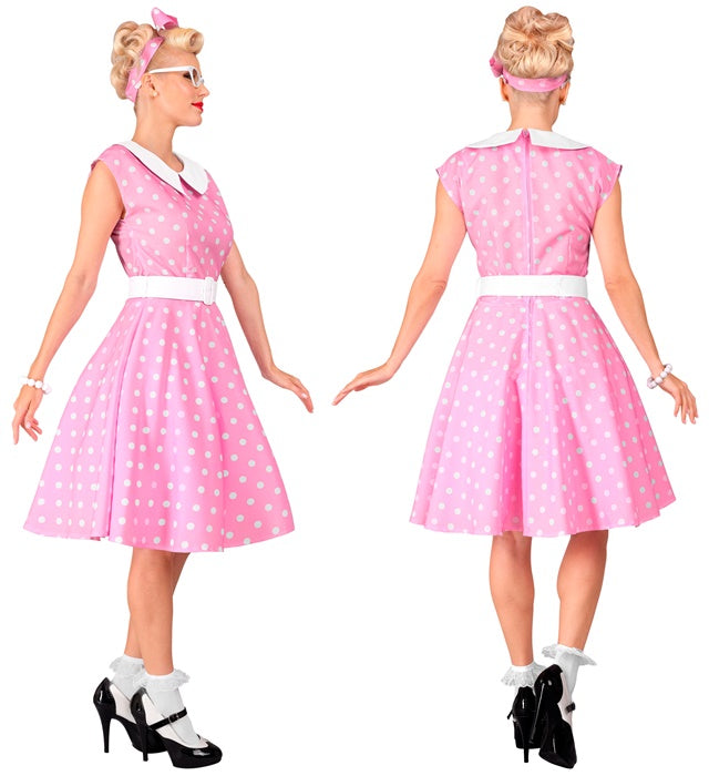 Rosa 50er Jahre Rock'n'Roll Kleid mit Petticoat, Gürtel und Haarband