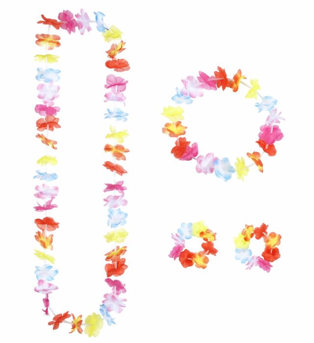 Buntes Hawaiiset mit Blumenkette, Stirnband und Armbändern für Fasnacht und Karneval