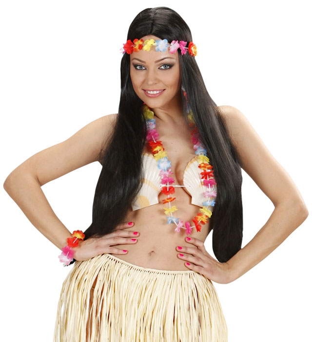 Buntes Hawaiiset mit Blumenkette, Stirnband und Armbändern für Fasnacht und Karneval