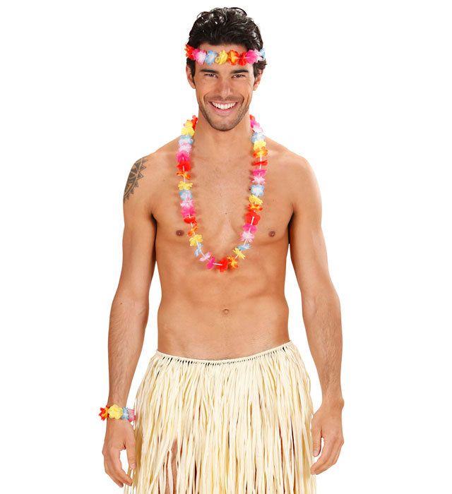 Buntes Hawaiiset mit Blumenkette, Stirnband und Armbändern für Fasnacht und Karneval
