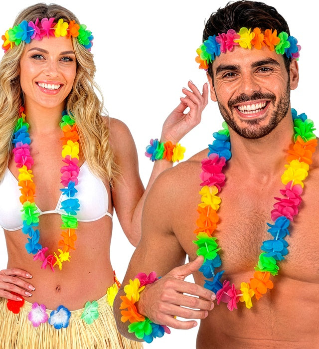 Buntes Hawaii-Set mit Blumenkette, Stirnband und zwei Armbändern