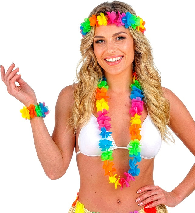 Buntes Hawaii-Set mit Blumenkette, Stirnband und zwei Armbändern
