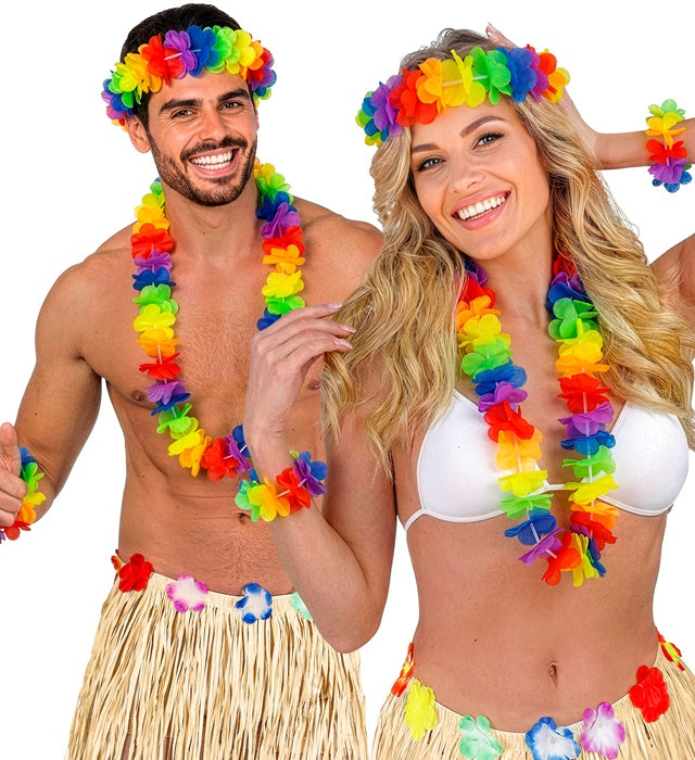 Buntes Hawaii-Set mit Kette, Stirnband und Armbändern für Fasnacht und Karneval