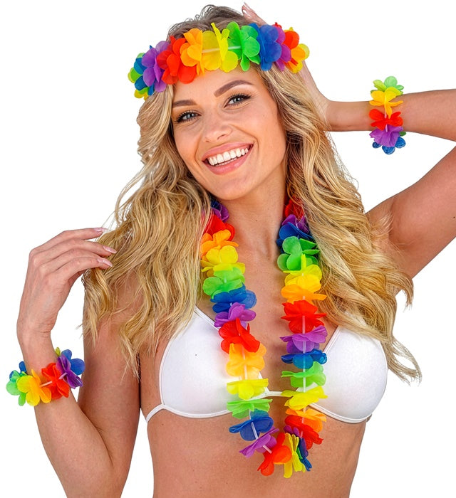 Buntes Hawaii-Set mit Kette, Stirnband und Armbändern für Fasnacht und Karneval