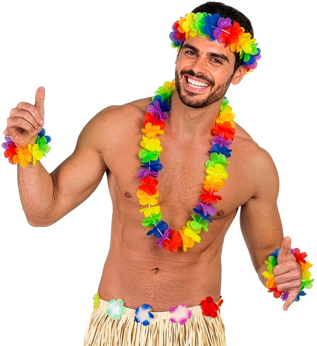 Buntes Hawaii-Set mit Kette, Stirnband und Armbändern für Fasnacht und Karneval