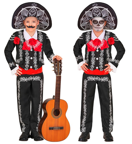 Mariachi Dia de los Muertos Kostüm mit Jacke, Hemd, Weste, Fliege, Hose und Sombrero