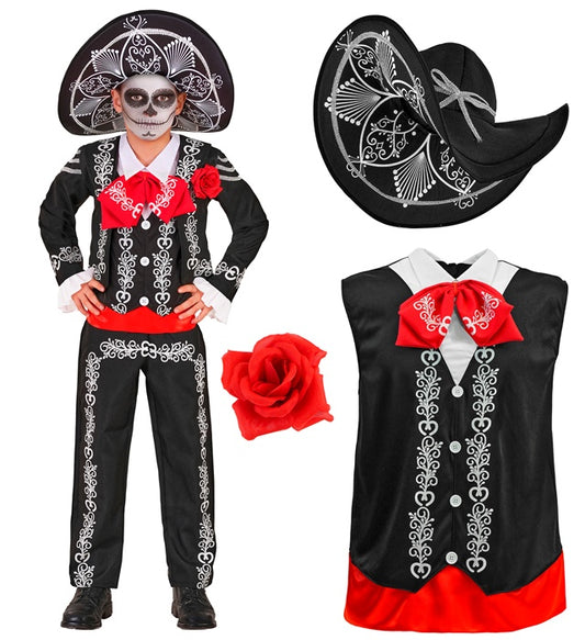 Mariachi Dia de los Muertos Kostüm mit Jacke, Hemd, Weste, Fliege, Hose und Sombrero