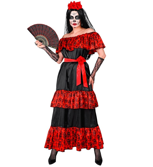 Día de los Muertos Kostüm mit Rosengürtel, fingerlosen Handschuhen und Blumenschleier