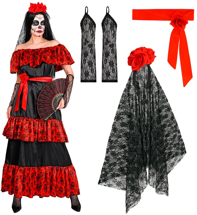 Día de los Muertos Kostüm mit Rosengürtel, fingerlosen Handschuhen und Blumenschleier