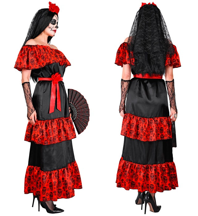 Día de los Muertos Kostüm mit Rosengürtel, fingerlosen Handschuhen und Blumenschleier