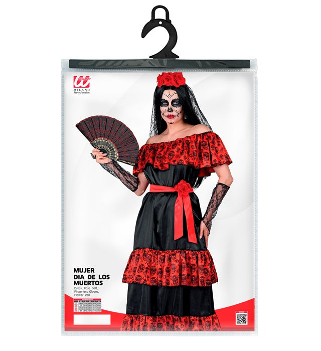 Día de los Muertos Kostüm mit Rosengürtel, fingerlosen Handschuhen und Blumenschleier