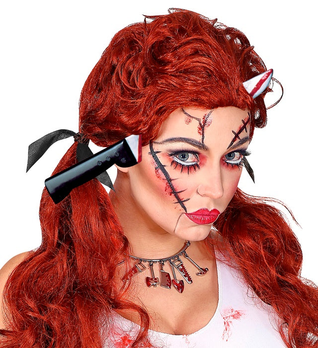 Messer-Durch-den-Kopf Halloween-Accessoire in realistischer Optik