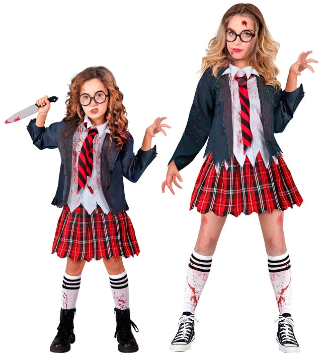 Zombie Schulmädchen Kostüm mit Jacke, Bluse, Rock, Kravatte und Strümpfen für Fasnacht