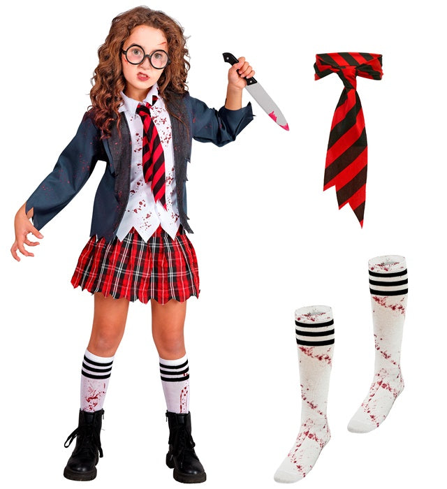 Zombie Schulmädchen Kostüm mit Jacke, Bluse, Rock, Kravatte und Strümpfen für Fasnacht