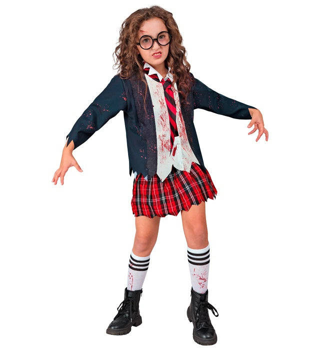 Zombie Schulmädchen Kostüm mit Jacke, Bluse, Rock, Kravatte und Strümpfen für Fasnacht