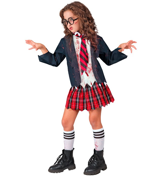 Zombie Schulmädchen Kostüm mit Jacke, Bluse, Rock, Kravatte und Strümpfen für Fasnacht