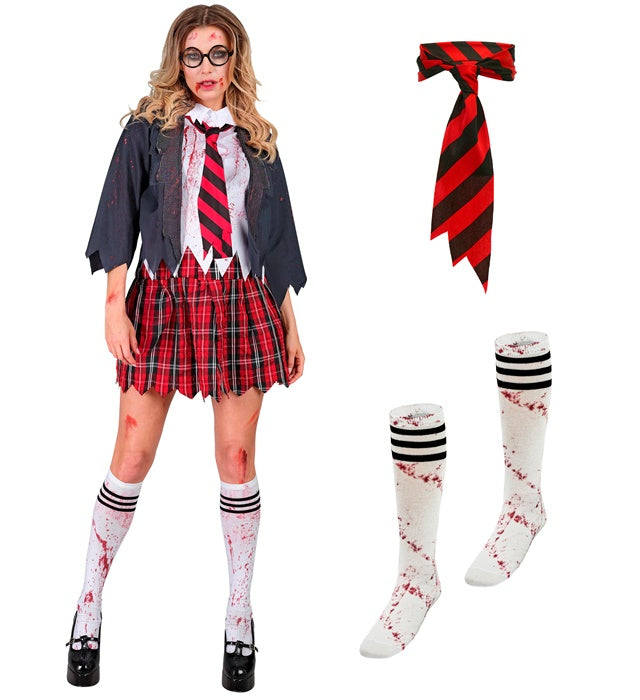 Zombie Schulmädchen Kostüm mit Jacke, Bluse, Rock, Kravatte und Strümpfen