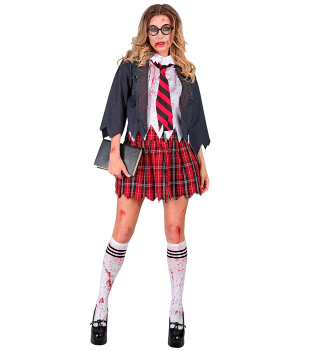 Zombie Schulmädchen Kostüm mit Jacke, Bluse, Rock, Kravatte und Strümpfen