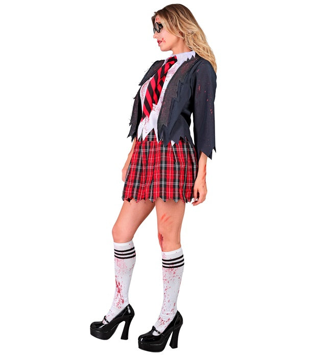 Zombie Schulmädchen Kostüm mit Jacke, Bluse, Rock, Kravatte und Strümpfen