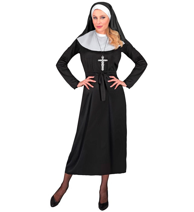Nonnen-Kostüm mit Kleid, Gürtel und Haube für Fasnacht