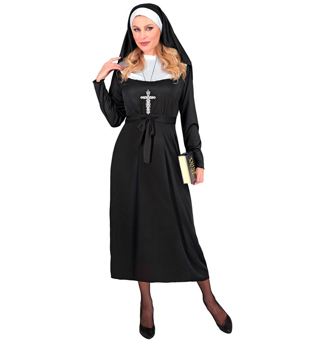 Nonnen-Kostüm mit Kleid, Gürtel und Haube für Fasnacht